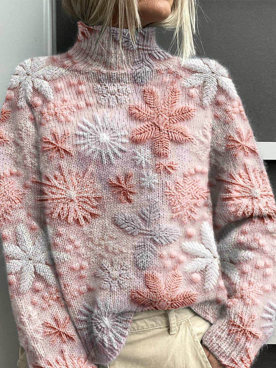 Lovely Christmas Snowflake Art Print Knit Turtleneck Pullover Sweater