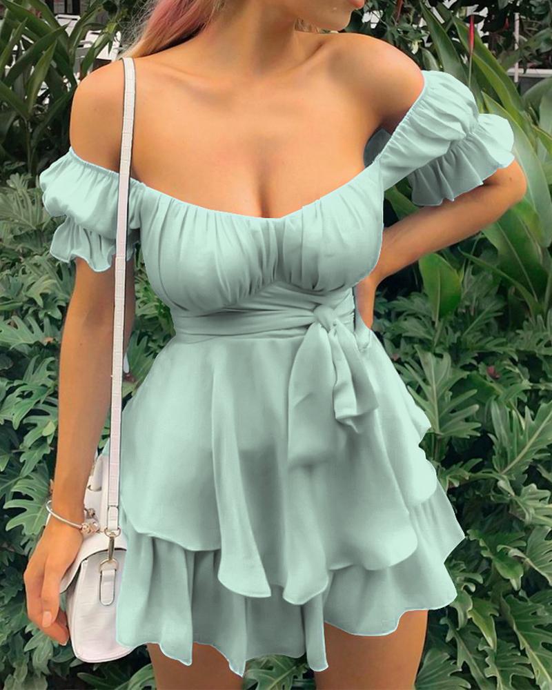 Solid Ruffles Hem Strap Short Sleeve Cold Shoulder Mini Dress