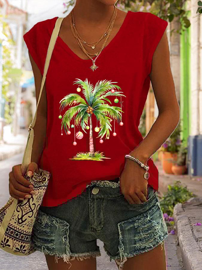Casual Christmas Palm Tree Printed Vest