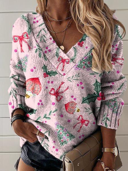 Christmas Pattern Art Print Knit V-neck Pullover Sweater