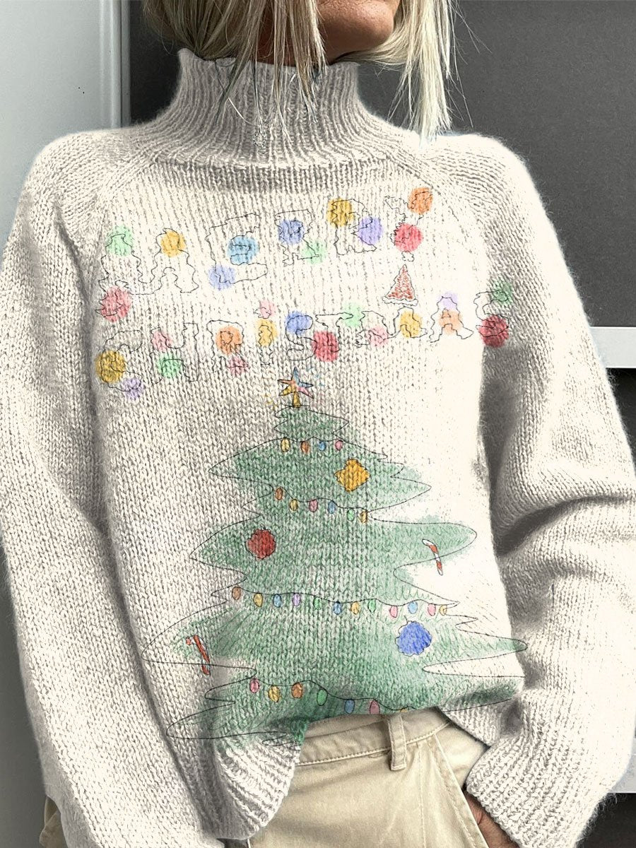Christmas Tree Art Print Knit Turtleneck Pullover Sweater