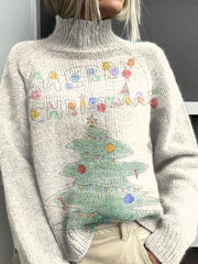 Christmas Tree Art Print Knit Turtleneck Pullover Sweater