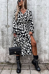 Leopard Long Sleeve Slit Midi Dress