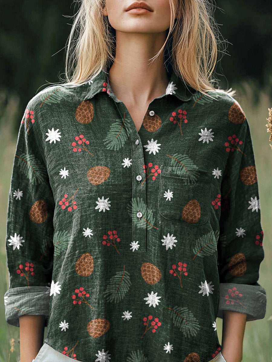 Christmas Mistletoe Pattern Printed Casual Cotton And Linen Shirt