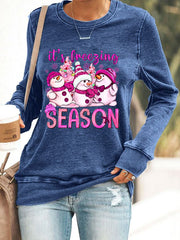 It's Freeging Season Pink Snowman Print Casual Sweatshirt