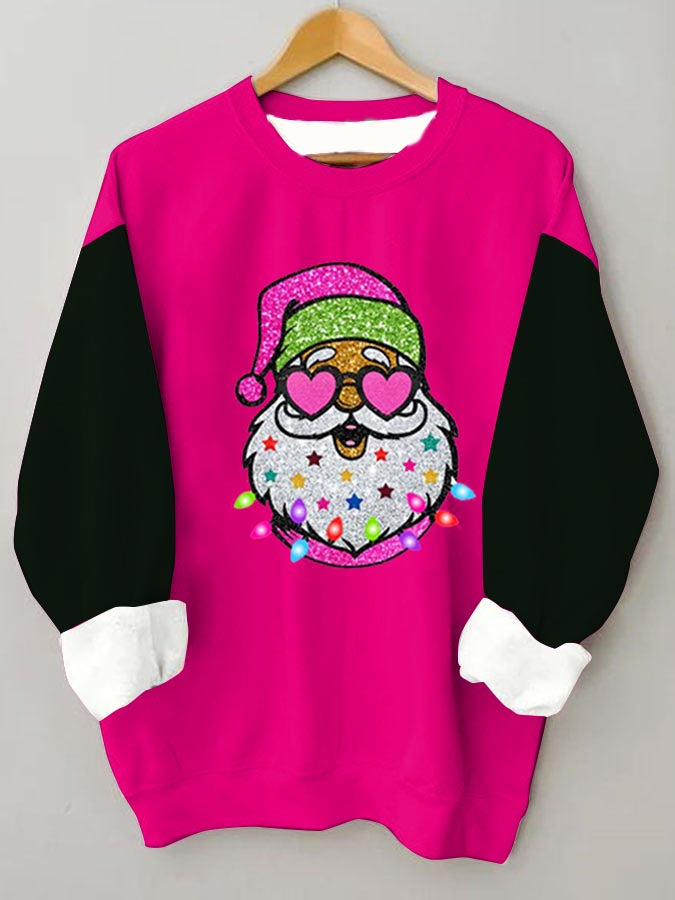 Pink Sparkly Santa Color Block Casual Sweatshirt