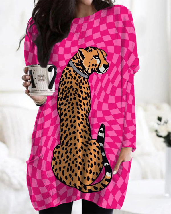 Casual Plaid Cheetah Print Long Sleeve Midi Top