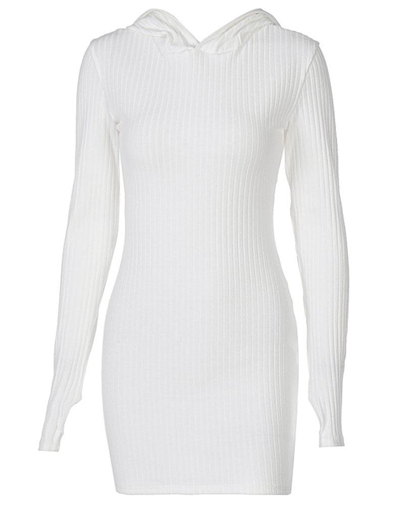 Solid Rib-Knit Thumb Hole Hooded Mini Dress