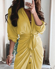Long Sleeve Plain Slit Shirt Dress