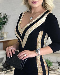 Sequins Colorblock Long Sleeve Dress