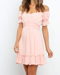Solid Color Off Shoulder Ruffle Hem Short Sleeve Mini Dress