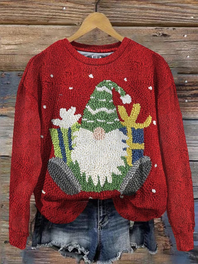 Christmas Gnome Print Crew Neck Sweatshirt