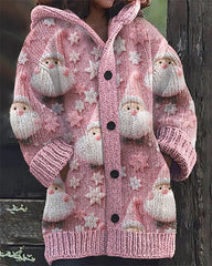 Christmas Pink Santa Claus Embroidery Print Casual Hooded Cardigan
