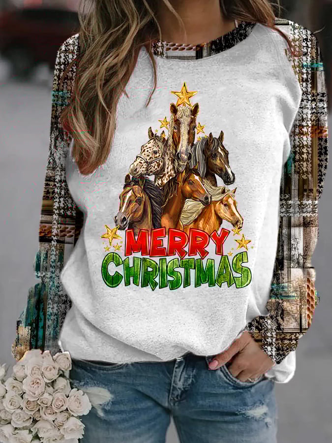 Western Merry Christmas Tree Horses Print Casual Sweatshirt