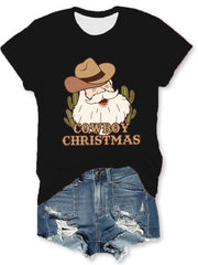 Western Christmas Cowboy Santa Print T-Shirt
