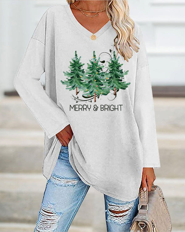 Merry And Bright Christmas Tree🎄 Print Casual Long-Sleeve T-Shirt