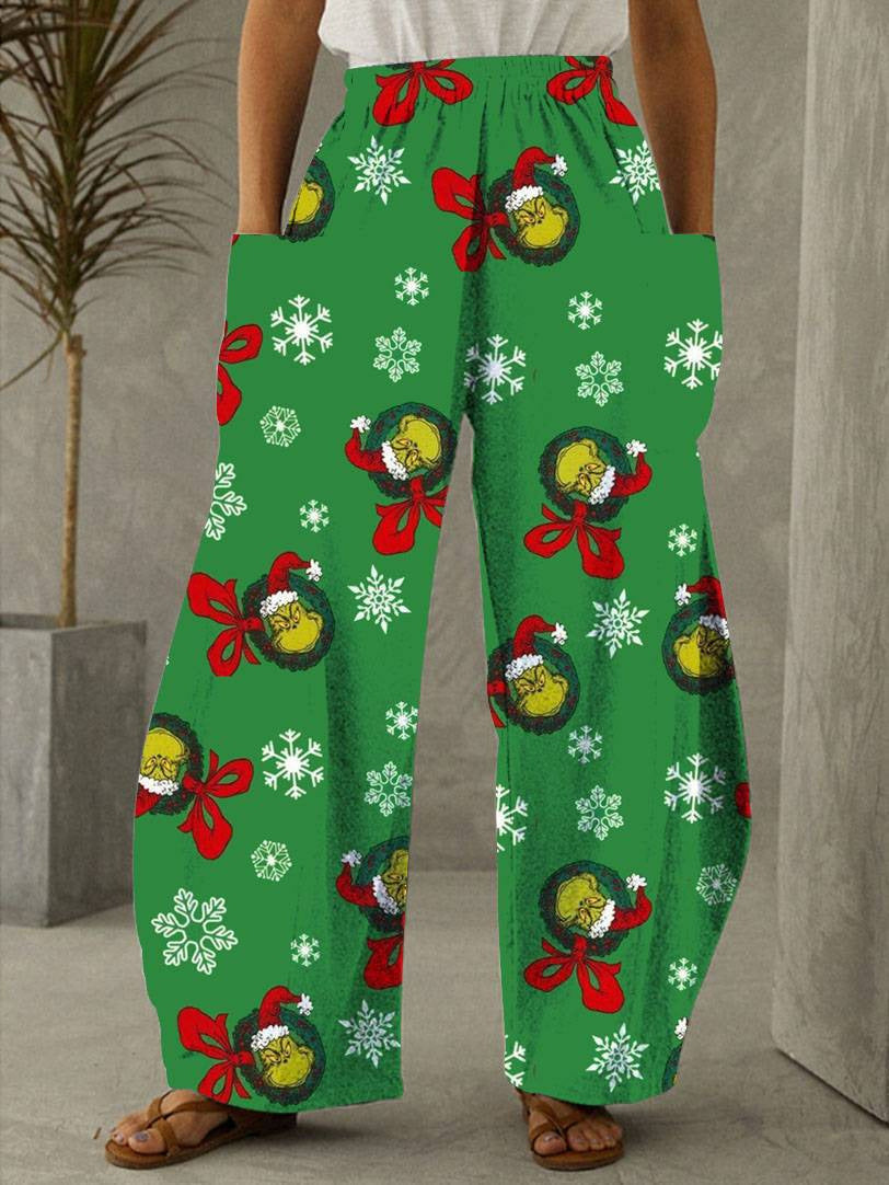 Christmas Green Print Vintage Casual Loose Pants