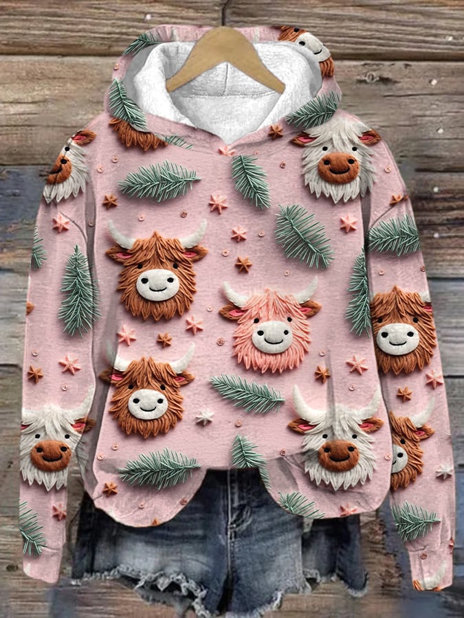 Christmas Cow Head Print Hoodie