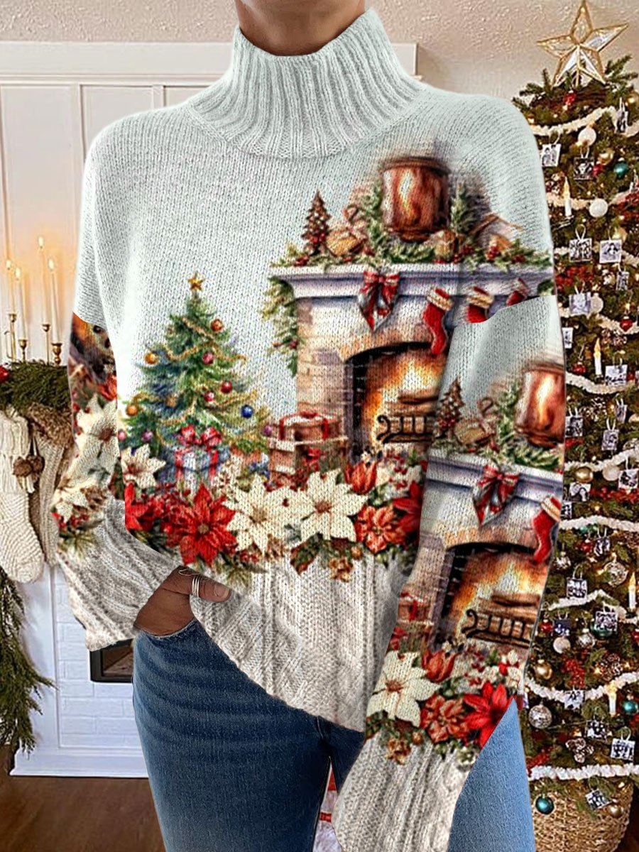 Retro Christmas  Print Knit Turtleneck Pullover Sweater