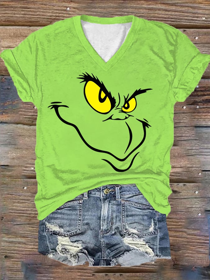 Christmas Cartoon Character Print V-Neck Tee