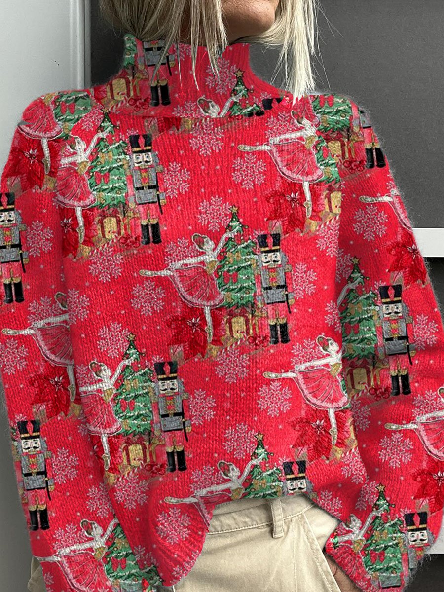 Nutcracker Christmas Print Knit Turtleneck Pullover Sweater