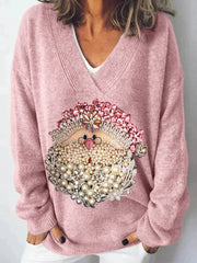 Pink Christmas Santa Claus Jewel Art V Neck Knit Sweater