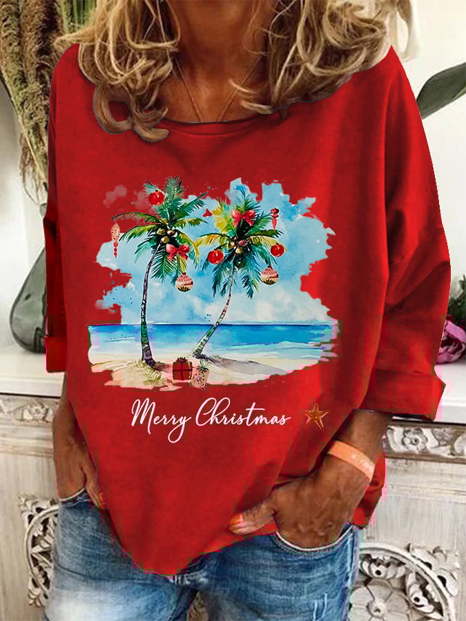 Florida Merry Christmas Beach Palm Trees Print Pullover