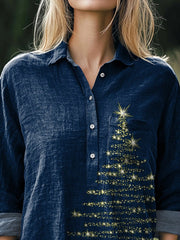 Glittering Christmas Tree Art Printed Casual Cotton And Linen Shirt