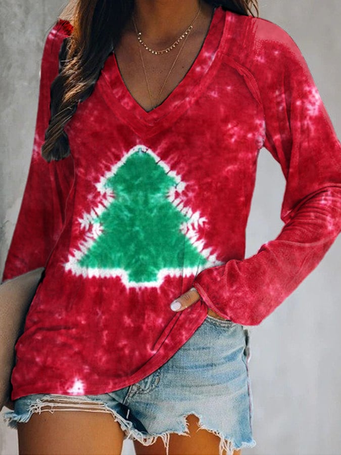 Women's Tie-Dye Christmas Tree Print Casual Long Sleeve T-Shirt