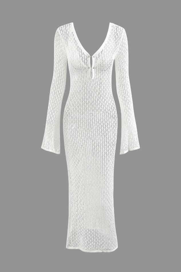 V-neck Open Knit Long Sleeve Maxi Dress