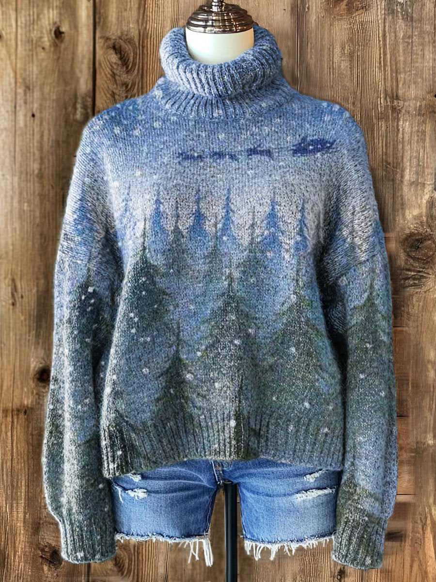 Vintage Christmas Art Print Knit Turtleneck Pullover Sweater