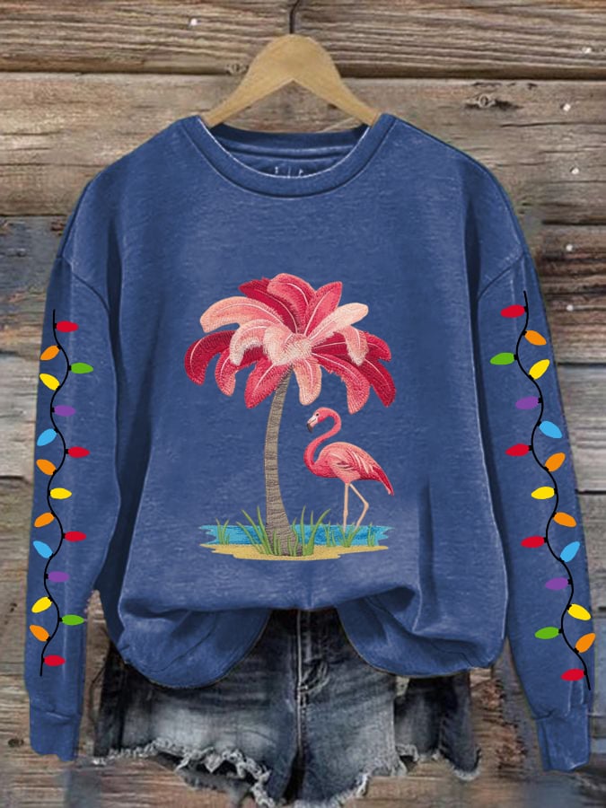 Christmas Flamingo Print Crewneck Sweatshirt