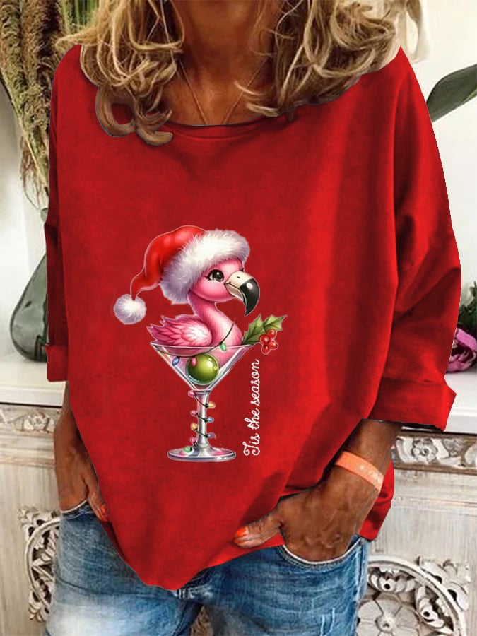 Christmas Flamingo Print Casual Sweatshirt