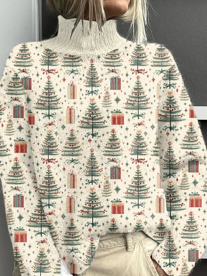 Christmas Tree Print Casual Knitted Turtleneck Sweater
