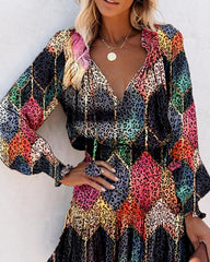 Multicolor Leopard Long Sleeve Skinny Waist Dress