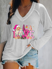 Love Pink Santa Print Long Sleeve V-Neck T-Shirt