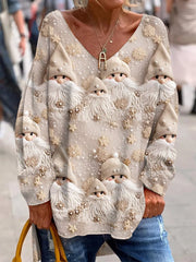 Women's Beige Winter Snow Christmas Gnomes Print Christmas Casual V-Neck Top