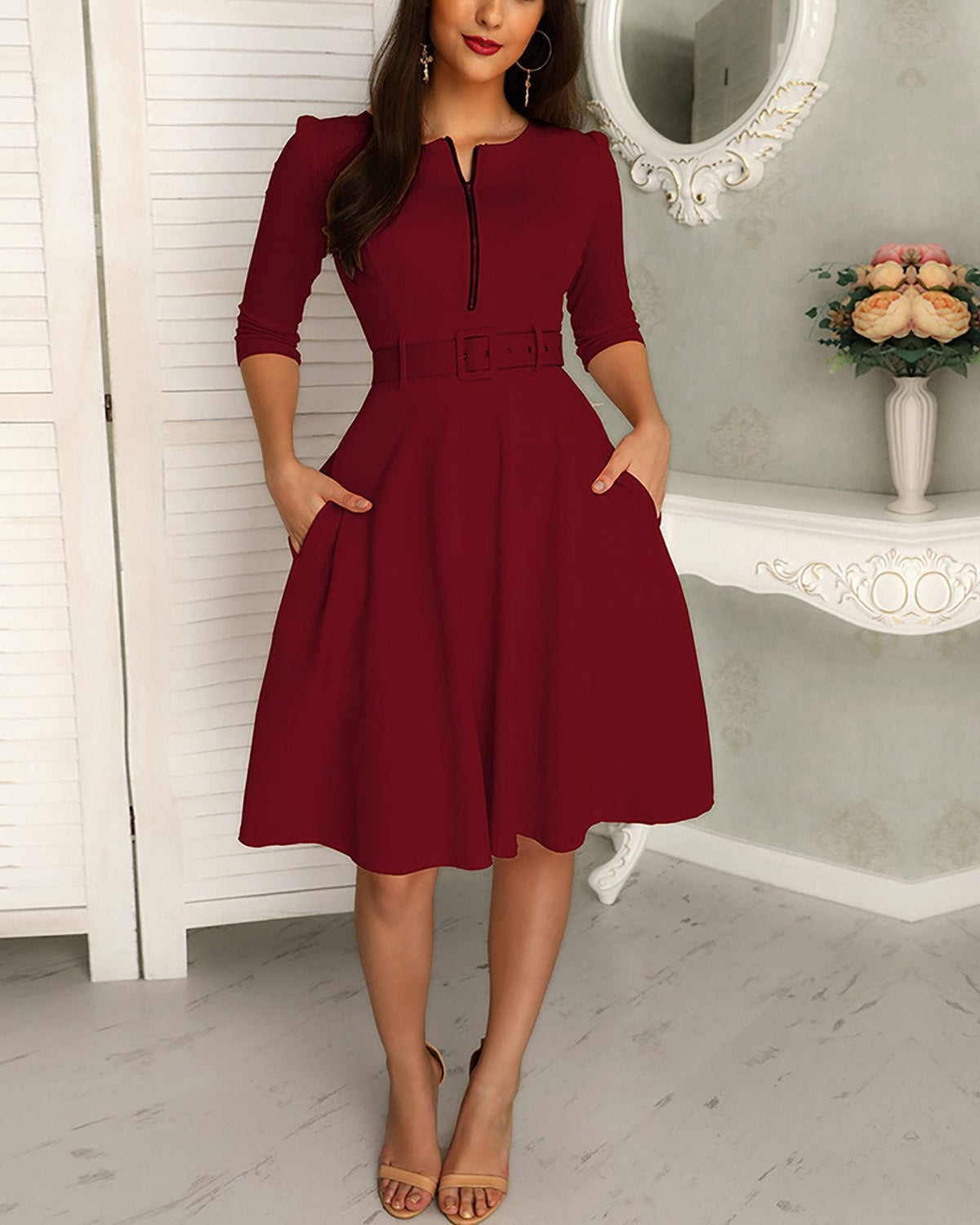 Solid Zipper Up Belted Pleated Casual Dress