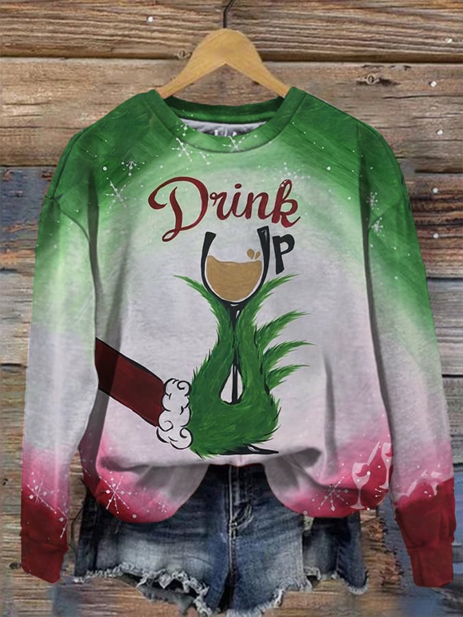 Vintage Christmas Grink Up Printed Crew Neck Sweatshirt