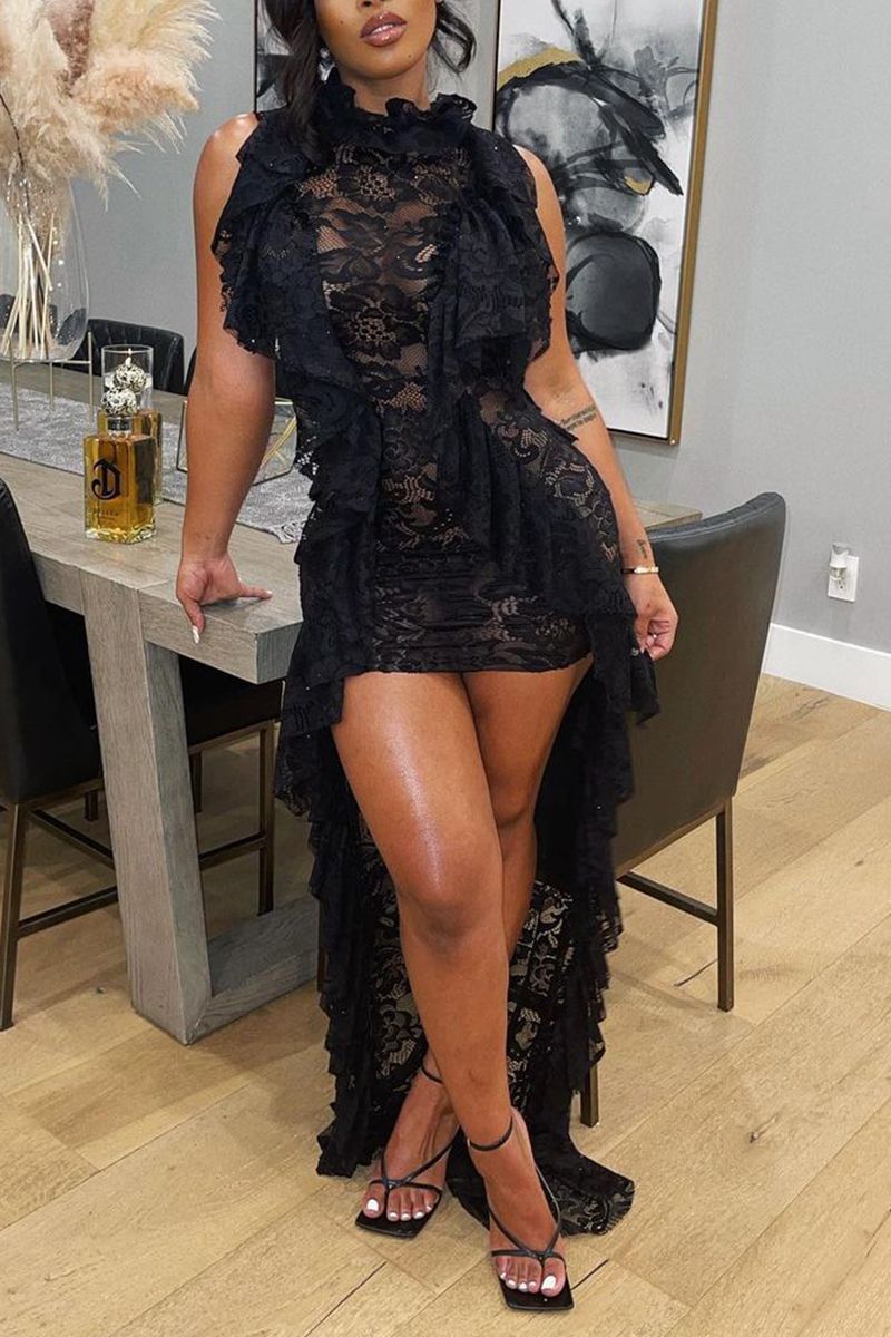 Floral Lace Ruffle Trim High Low Maxi Dress
