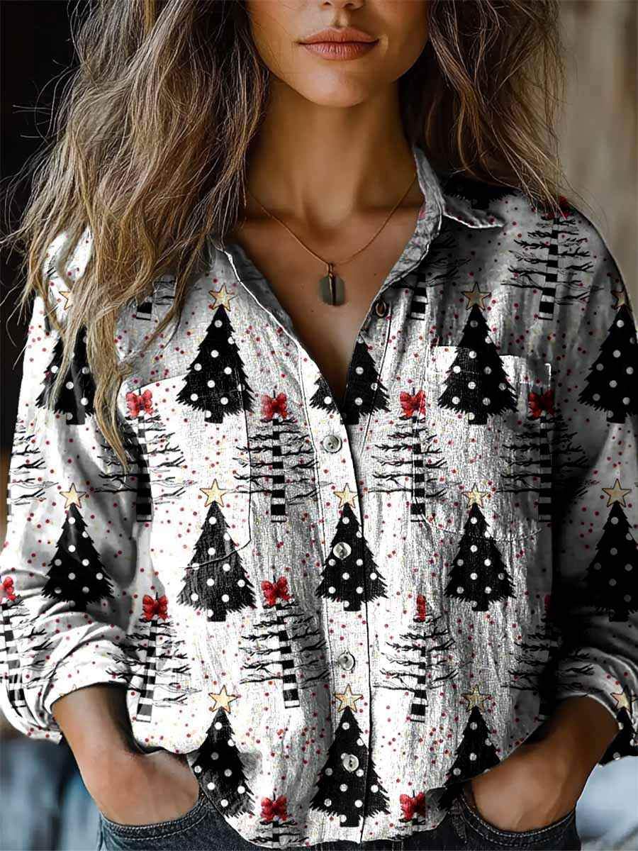 Vintage Christmas Tree Print Casual Long Sleeve Comfortable Cotton Shirt