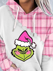 Christmas Casual Pink Plaid Printed Hoodie
