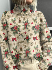 Christmas Floral Art Vintage Print Knit Turtleneck Pullover Sweater