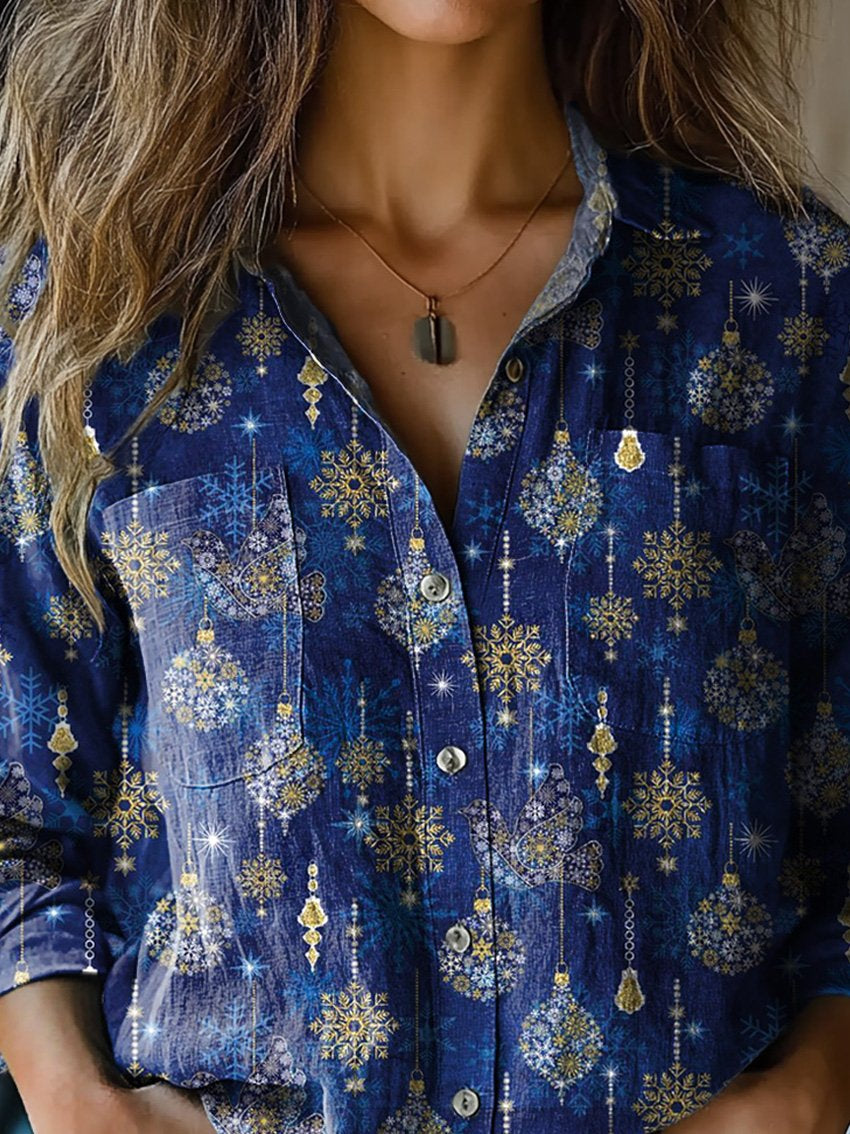 Christmas Decoration Pattern Printed Casual Long Sleeve Comfortable Cotton Shirt