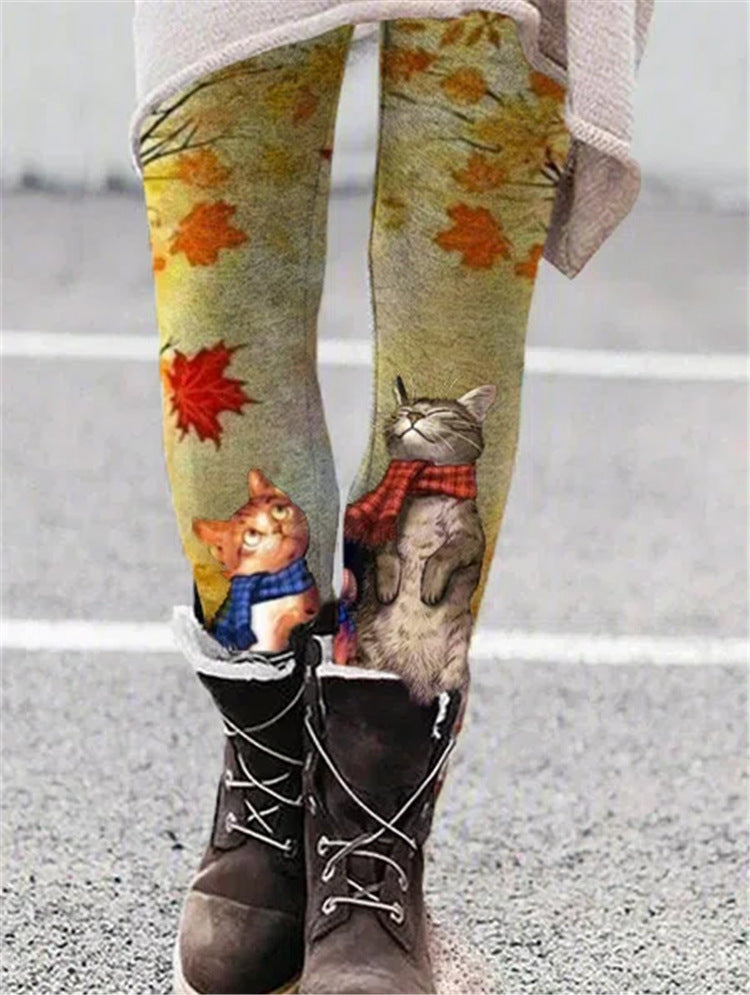 Warm Christmas Cat Floral Leggings