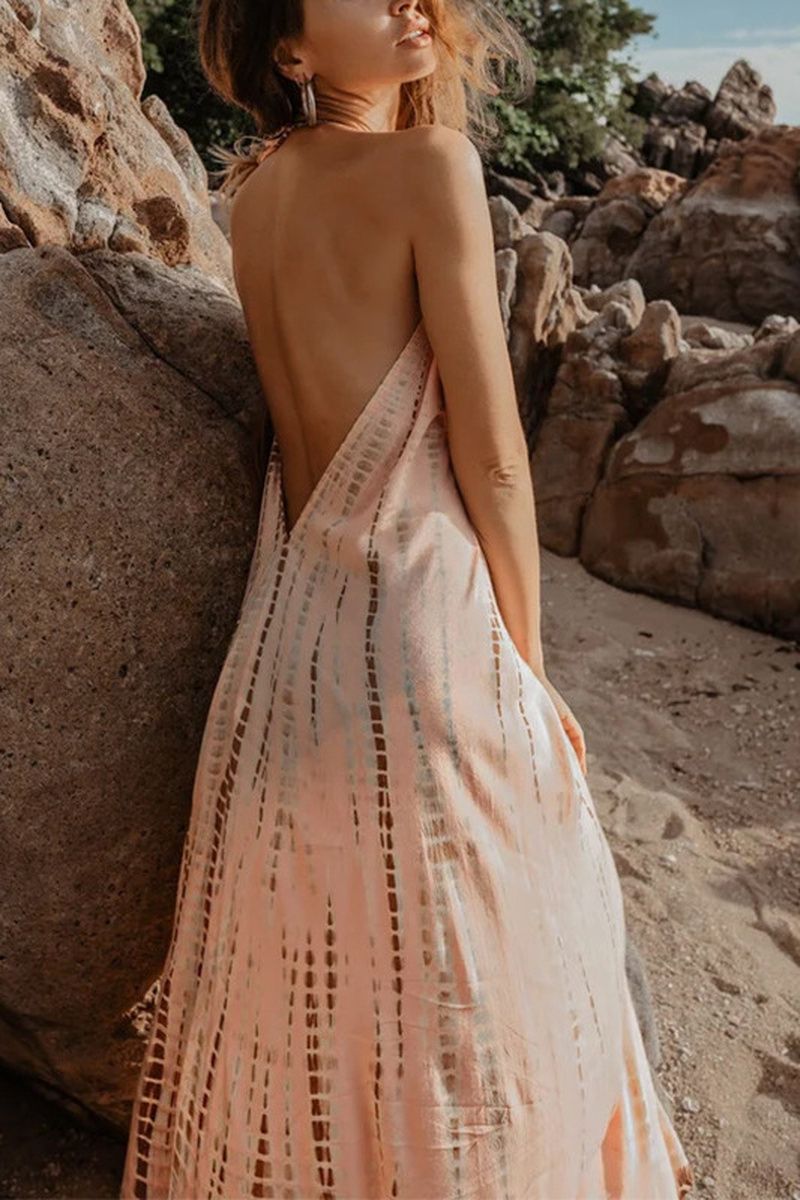 Allover Print Backless Halter Maxi Dress