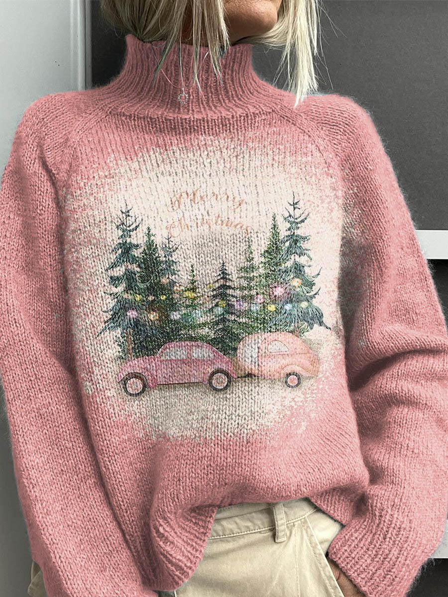 Lovely Christmas Tree Pattern Art Print Knit Turtleneck Pullover Sweater