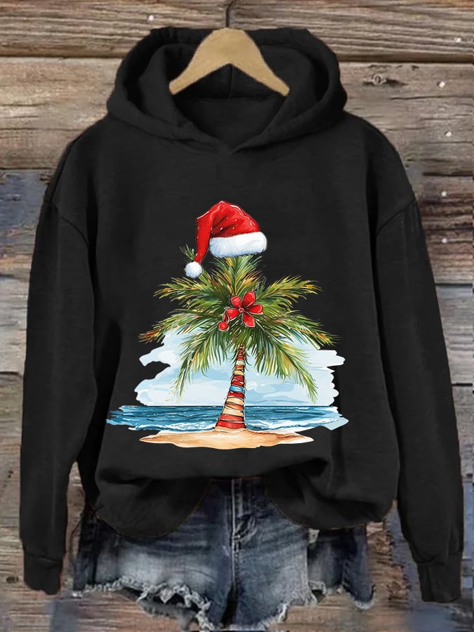 Christmas Palm Tree Print Hooded Sweatshirt