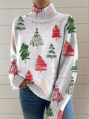 Minimalist Christmas Tree Art Painting Print Knit Turtleneck Pullover Sweater