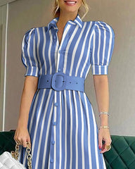 Striped Button Front Puff Sleeve Shirt Dress